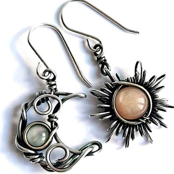 Bohemian Opal Sun Moon Shape Natural Stone  Dangle Earrings - Picture 1 of 2